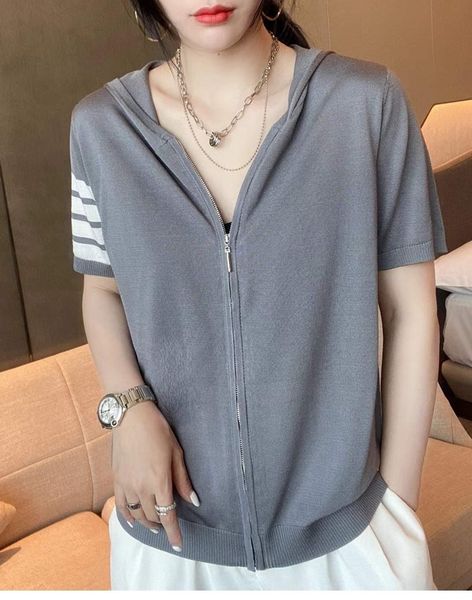 

2021 summer new tb four bar zipper hooded cardigan women's loose and thin short sleeve ice silk knitted fashion, White