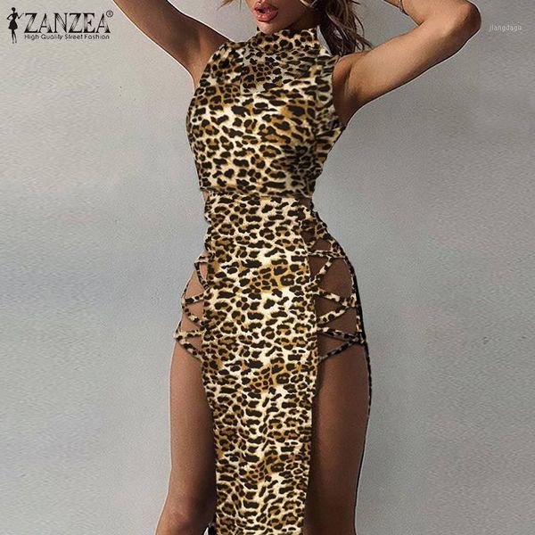 

women's blouses & shirts casual holiday fit blusas leopard print shirt summer sleeveless high split hem long zanzea women elegant, White