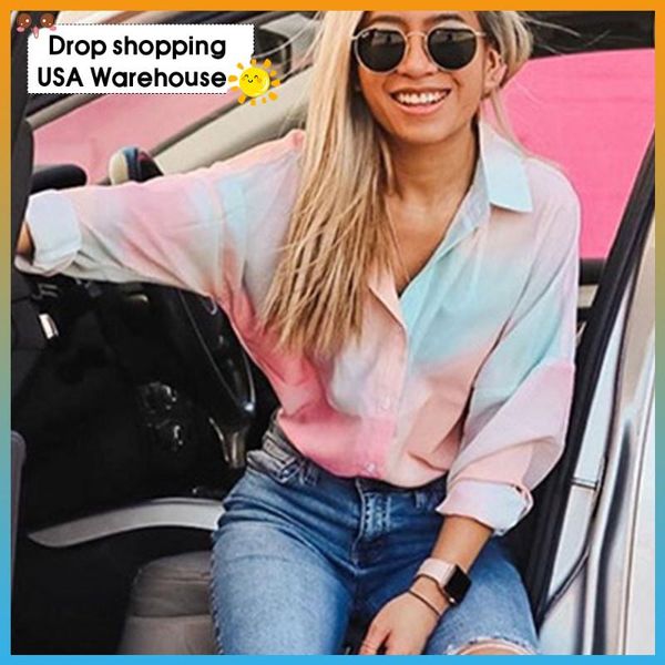 

women casual tie-dye long sleeve blouse 2021 spring autumn women's fashion drop shoulder long-sleeved cardigan shirt blouses & shirts, White