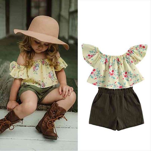 

1 6y summer cute baby girls clothes sets 2pcs flowers print ruffles short sleeve t shirts shorts, White