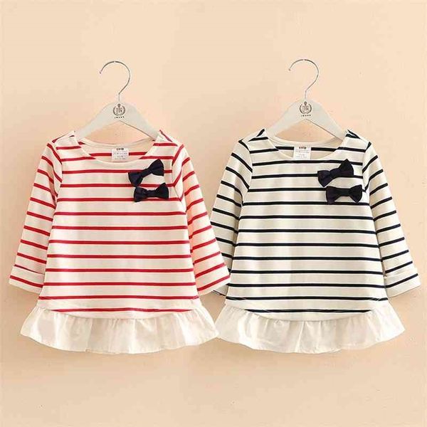 

children bowknot arrival spring autumn 2-10 year kids clothes strip patchwork long sleeve o-neck t shirt baby girl 210701, Blue
