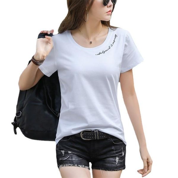 

summer short-sleeved t-shirt women 2021 korean version of loose embroidery half-sleeved women's n160, White