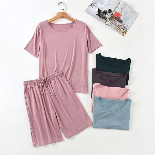 

summer modal pajamas with shorts women's short sleeve homewear female pajamas set women home clothes lounge wear modal home suit 210330, Black;red