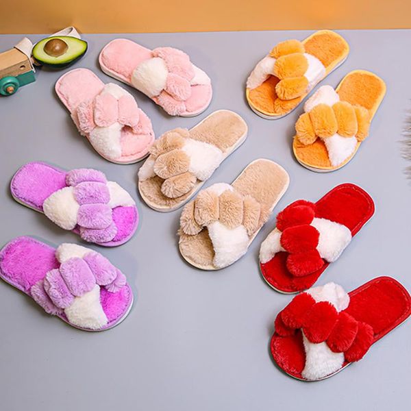 

slipper kids slippers girls winter warm cotton fur indoor shoes, Black;grey