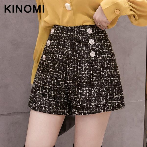 

women's shorts kinomi autumn winter woolen short double breasted high waist wide leg black vintage loose female arrival, White;black
