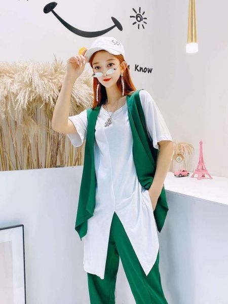 

women's tracksuits 2021 womens spring summer 3-piece suit female plus size korean loose short-sleeved t-shirt + vest casual pants 6xl, Gray