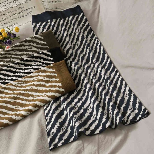 

zebra pattern knitted skirt women korean elastic high waist a-line skirt autumn winter warm casual loose sweater skirts 210419, Black