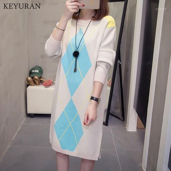 

women's sweaters plus size xl-4xl autumn winter loose argyle long sweater dress 2021 thick round neck sleeve knit female l37681, White;black