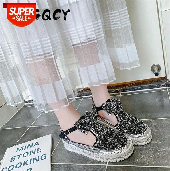 

crystal diamonds platform sandals women flats bling woman shoes rhinestone butterfly-knot round toe buckle strap #yv52, Black