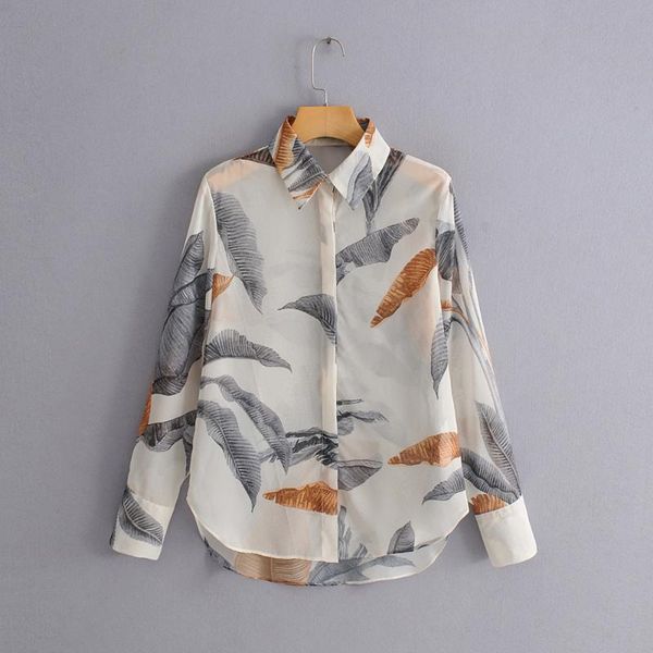 

women's blouses & shirts blusas mujer de moda 2021 autumn loose lapel leaf print long-sleeve shirt women blouse, White