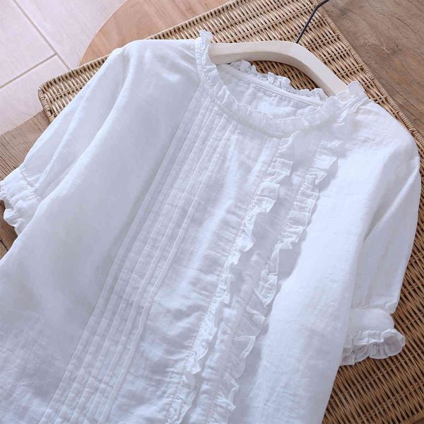 

women's blouses & shirts lamtrip quality lacing pleated cotton yarn short sleeve shirt tee retro 2021 summer ylfl, White