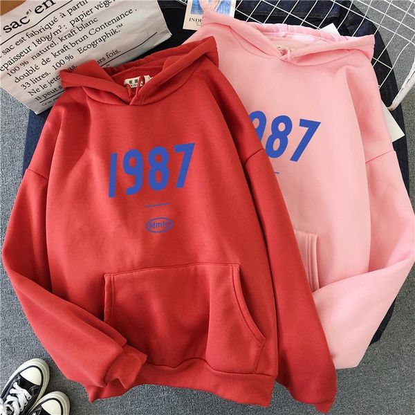 

korean women sweatshirt 1987 printed harajuku hoodie pocket loose long sleeve pullovers sweet style female streetwear women's hoodies, Black
