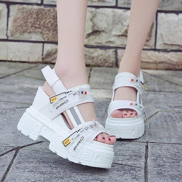 

summer women sneakers sandals peep-toe wedge platform shoes woman 11cm heels thick bottom casual white beach flip flop, Black