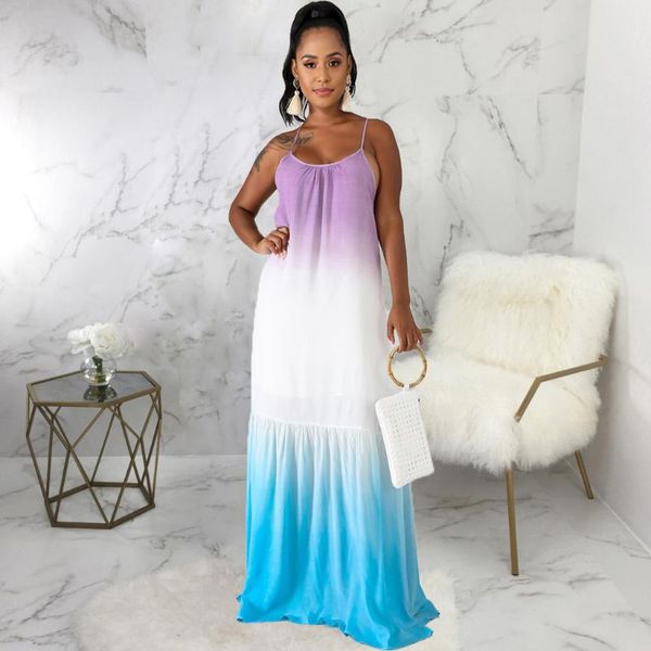 

casual dresses gradient color summer floor length dress for women spaghetti strap sleeveless pleated elegance cross backless vestidos, Black;gray
