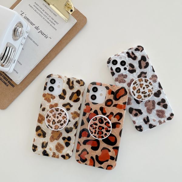 Custodie per telefoni tpu con conchiglia leopardo perla IMD con staffa ad anello pieghevole per iPhone 12 11 pro promax X XS Max 7 8 Plus custodia