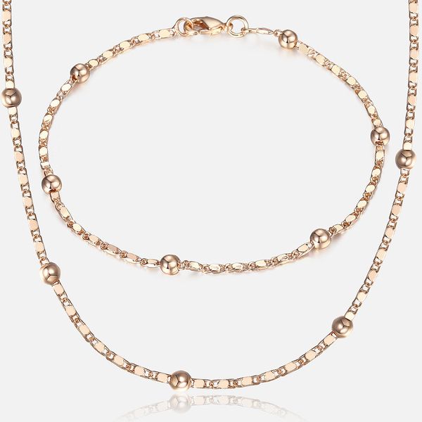 Тонкая 585 розовые золотые украшения для женщин Marina Bead Link цепь браслет ожерелье набор женщина вечеринка свадебные украшения подарки CS09