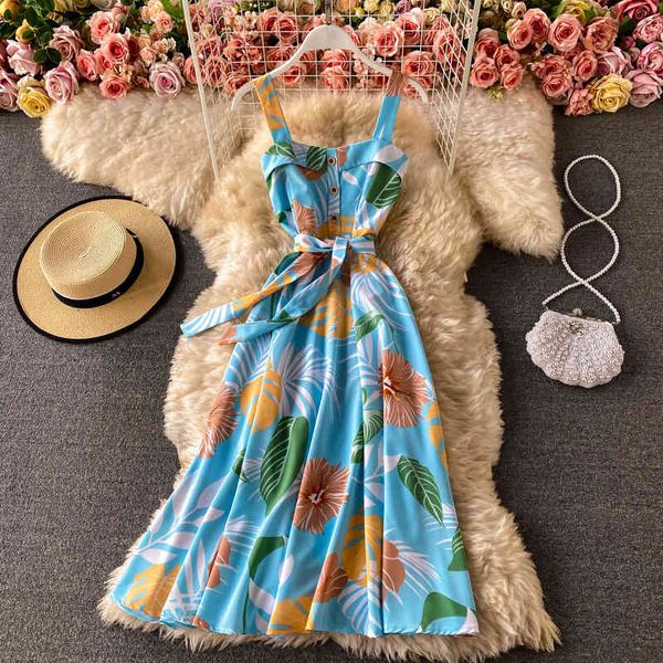 

dresses summer vocation style leaves printed suspender a-line long waist sashes vintage printing pleated beach cotton, Black;gray