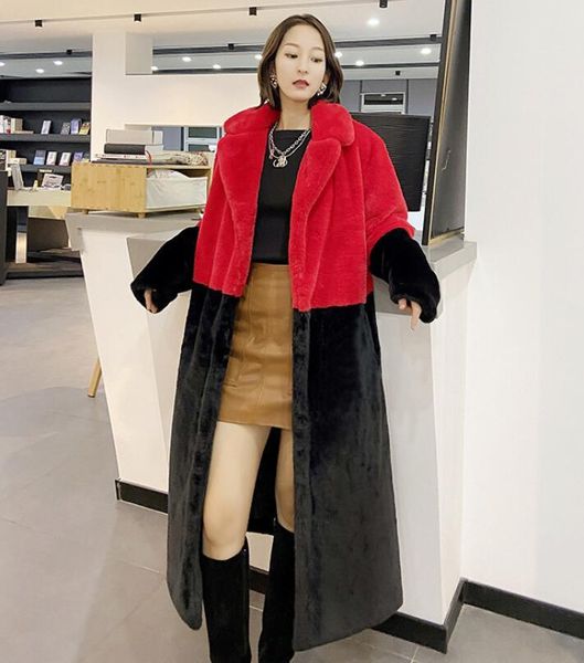 

women's fur & faux 2021 european and american winter loose mink velvet stitching mid-length coat suit collar, Black