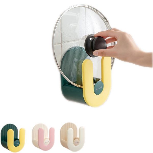 

wall mounted pot cover rack with drain tray household u-shape cutting board lid shelf kitchen storage organizer supplies & organization