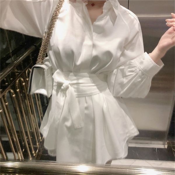 

women's two piece pants summer fashion white long shirt casual suit female lantern sleeve + wide leg short pant two-p