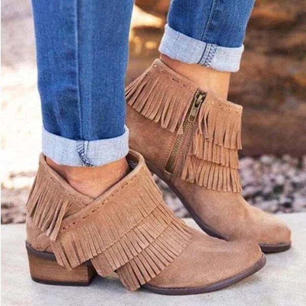 

boots 2021 autumn women shorts pointed toe low heel side zipper fringe retro fashion tassel ankle booties party wimen's shoes, Black