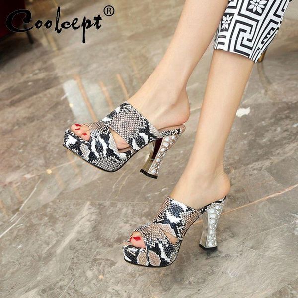 

dress shoes coolcept summer sandals for women peep toe thick high heel slip on snakeskin fashion ladies footwear slippers size 32-44, Black