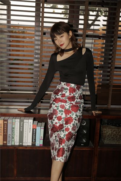 

skirts jacquard high waist women floral bodycon pencil knee length ladies vintage skirt spring 7l8x, Black