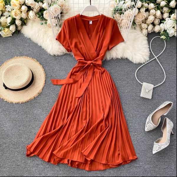 

vintage slim v neck bandage women dresses pleated dress summer party midi long elegant vestido de festa tunic, Black;gray