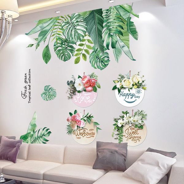 

wall stickers [shijuehezi] green tropical leaves diy flower plant mural decals for living room kitchen home wedding decoration