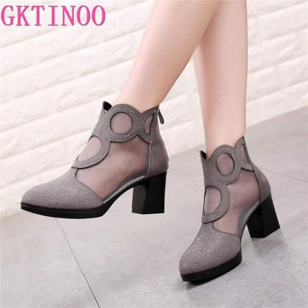 

women sandals genuine leather ankle boots mesh summer zapatos chaussures femme square high heel shoes, Black