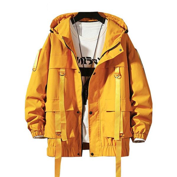 

men's jackets streetwear spring bomber jacket men 2021 hooded ribbons mens coat casual windbreaker pockets man outwear, Black;brown