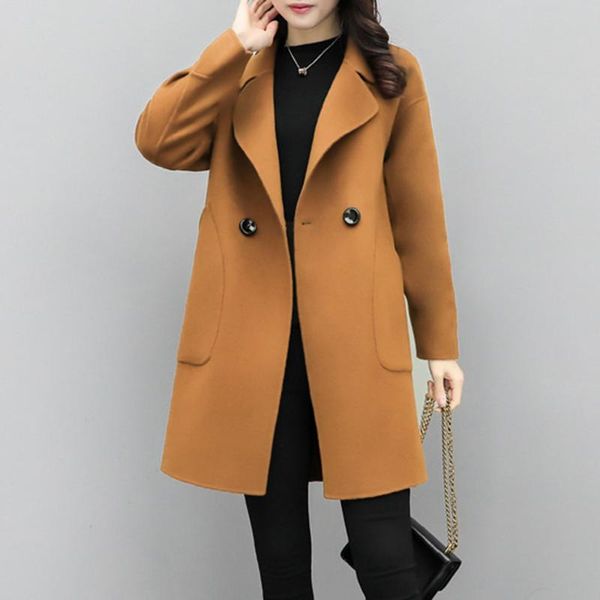

women's wool & blends winter coat for women woolen mid-length korean style slim solid color pocket decoration overcoat office lady wind, Black