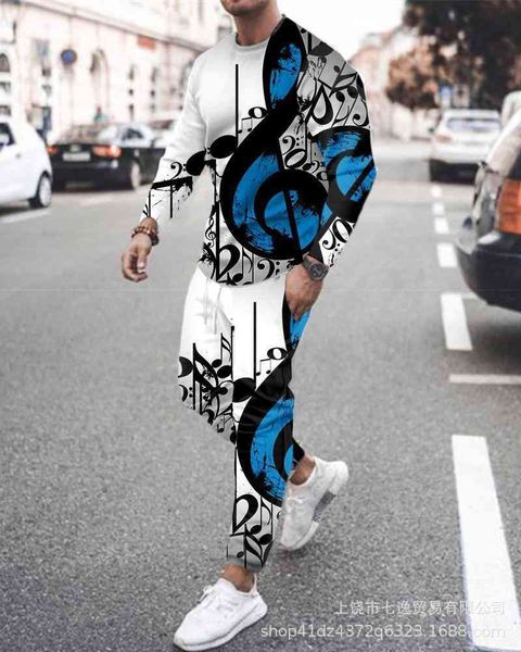 

tracksuit sport suit 2021 geometric color matching 3d digital printing thin round neck sweater men's casual pants two-piece set, Gray