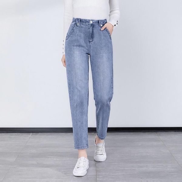 

waist women's straight high jeans adjustment baggy leisure boyfriend ladies pants streetwear, Blue