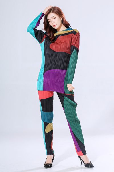 

dresses miyake geometric print fold long sleeve t-shirt +pencil pants suit, White