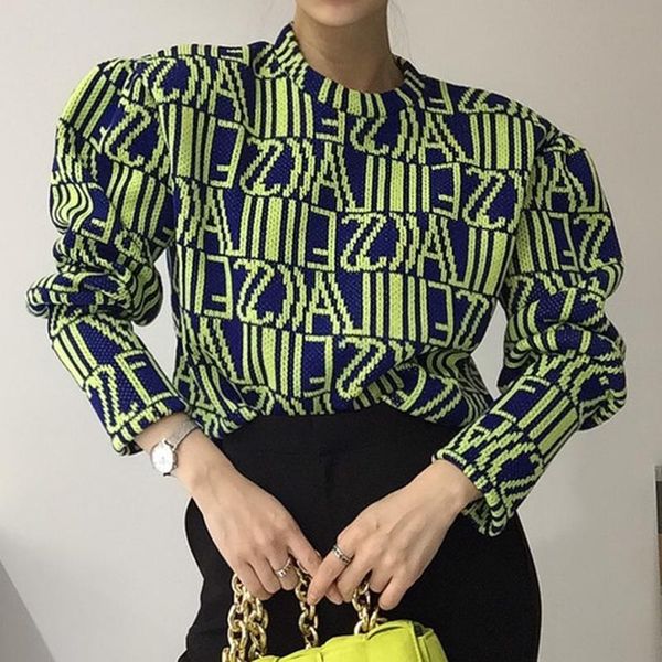 

women's sweaters sweater women 2021 korean fashion retro personality design letter jacquard o neck loose long-sleeved pullover knit, White;black