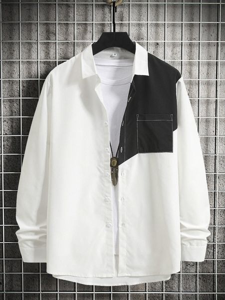 

men contrast panel patched pocket high low hem shirt without tee x4qv#, White;black