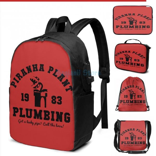 

funny graphic print piranha plant plumbing usb charge backpack men school bags women bag travel laptop