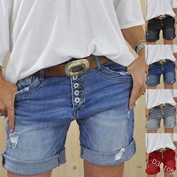 

Fashion A Pair Of Jeans 2021 Fashion Hole Women' Middle Waist Pocket Shorts Multi Button, Gray