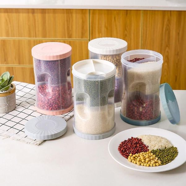 

plastic cereal storage box 4 separate grid rice flour grain container seal bottles & jars