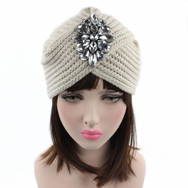 

haimeikang women crystal flower turban cap female casual knitting elastic rhinestone beanies crochet winter knitted hat1