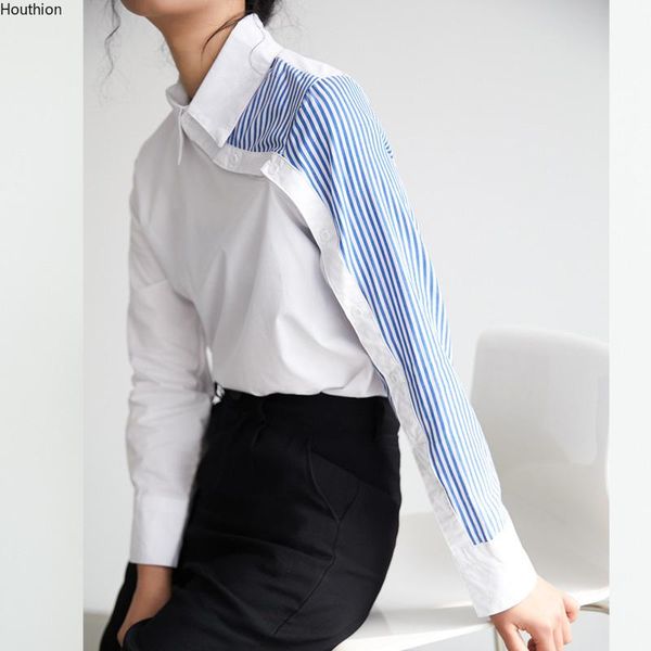

women's blouses & shirts fashion casual solid color blouse stitching stripes shirt long sleeve korean summer, White