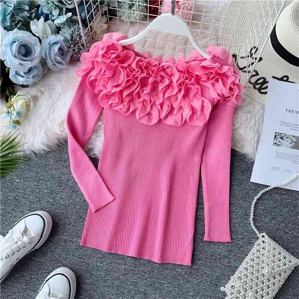 

slimming 3d petal slash neck knitted pullovers women long sleeve sweater autumn and winter h895 210527, White