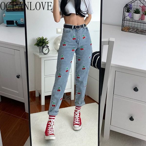 

embroidered mujer pantalones cherries fashion high waist denim pants women autumn ankle-length trousers korean 18442 210415, Black;white