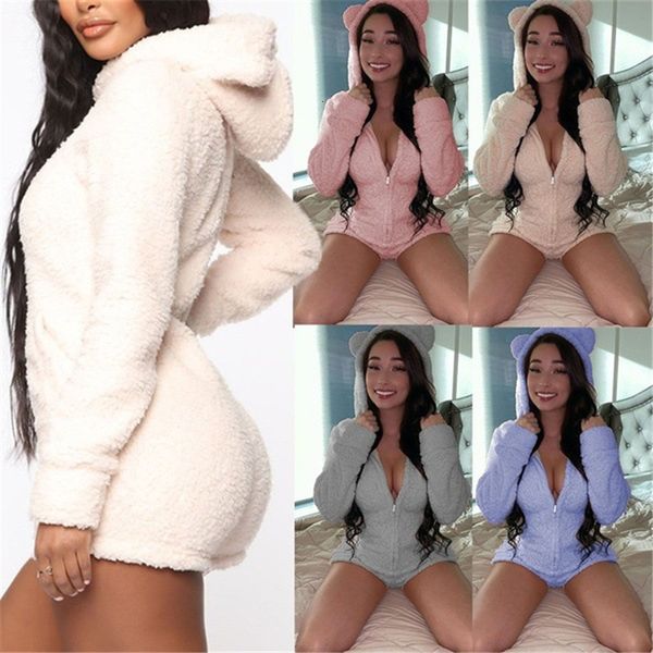 

women's & fluffy jumpsuits casual solid color long sleeve shorts zipper rompers winter autumn women clothes, Black;white