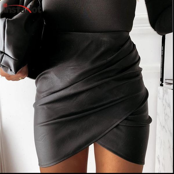 

women skirts faux leather skirt pleated asymmetric black high waist slim mini fashion elegant casual ruched