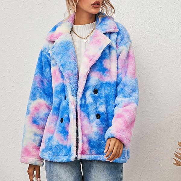 

women's jackets winter autumn women tie-dye printed long sleeve hooded double breasted turndown collar plush faux fur jacket outwear, Black;brown
