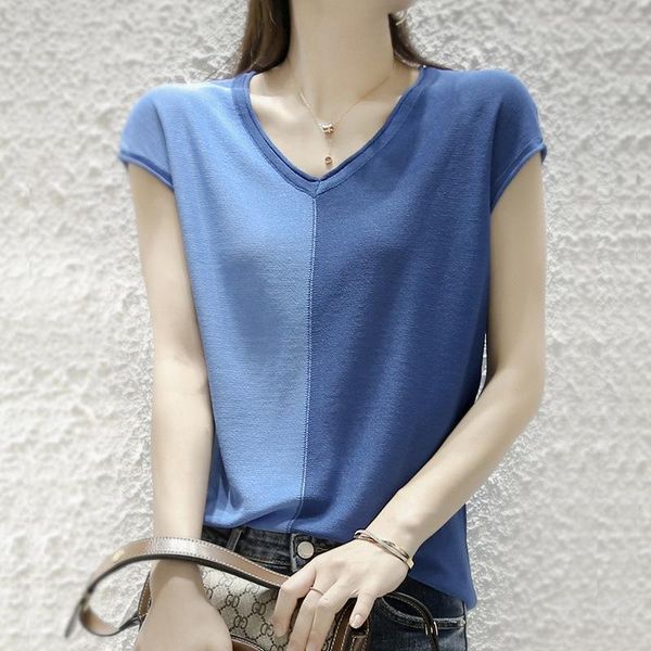

women's t-shirt summer ice silk t-shirts for women 2021 fashion v neck loose stitching short sleeve knitted t shirt tshirt, White