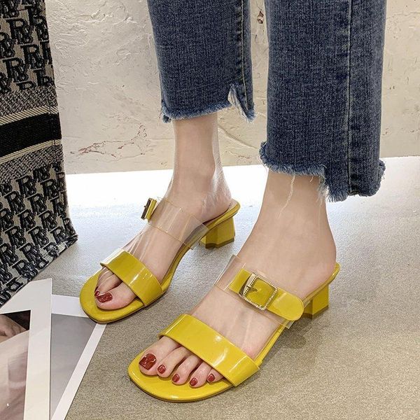

high heel slippers women transparent pvc open toe shoes summer elegant thick slides zapatos mujer, Black