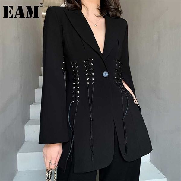 

[eam] women black bandage vent stitch blazer lapel long sleeve loose fit jacket fashion spring autumn 1db308 211122, White;black